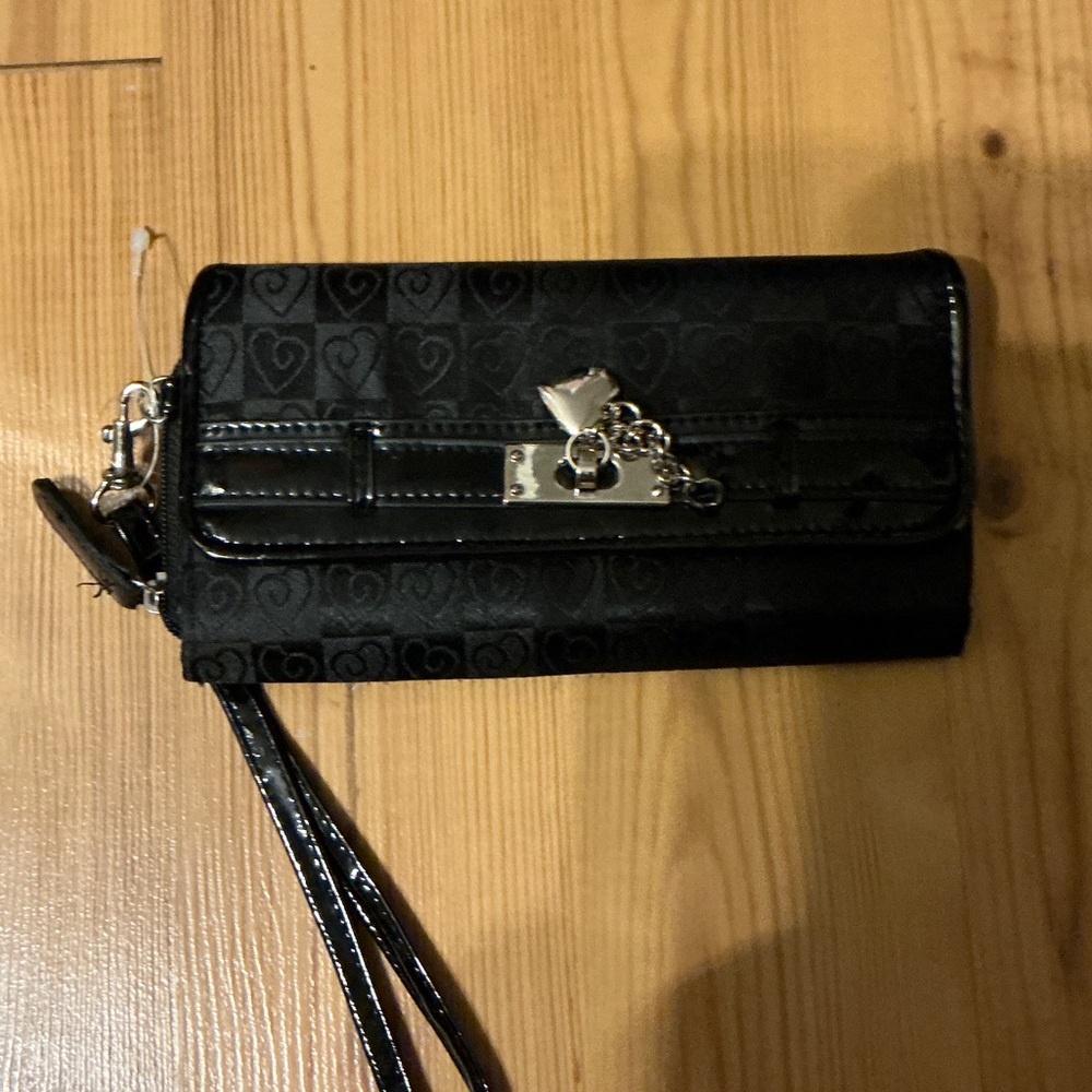 Black Heart-Print Wristlet Wallet with Charm